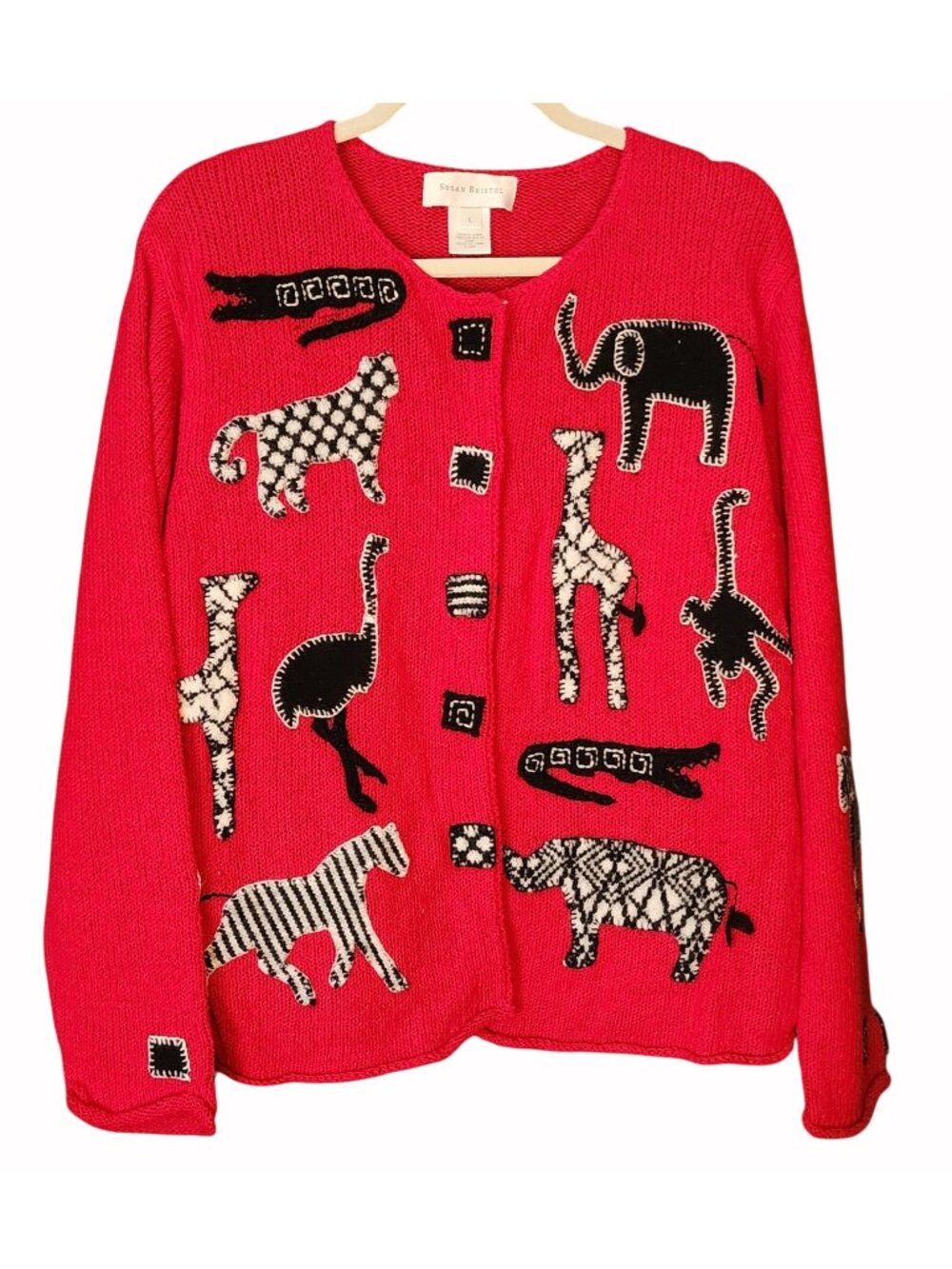 Vintage Susan Bristol Cardigan African Animals Safari Y2K Art To Wear Large